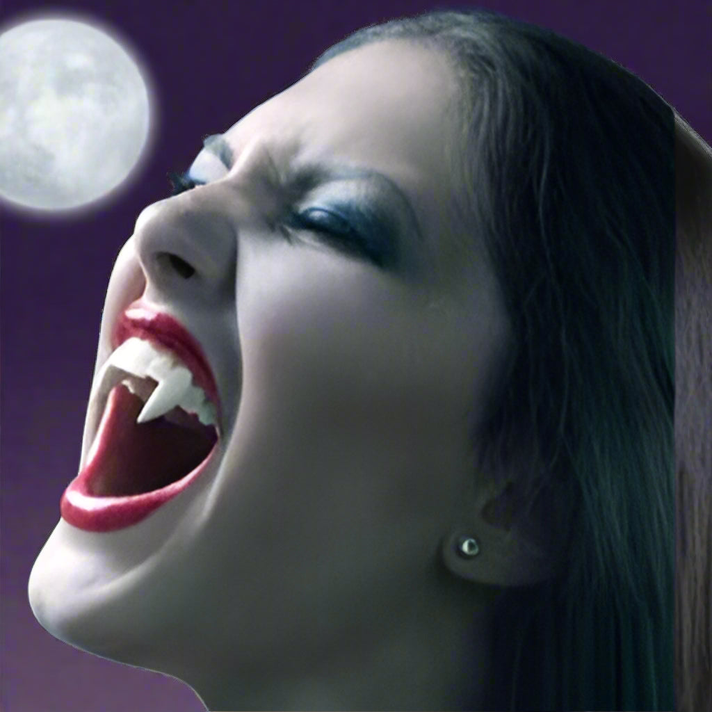 Vampire tooth earrings with size measurements and examples of wear on a person.