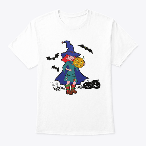 Little Witch With Bats And Pumpkins, Cartoon Vector Illustration
