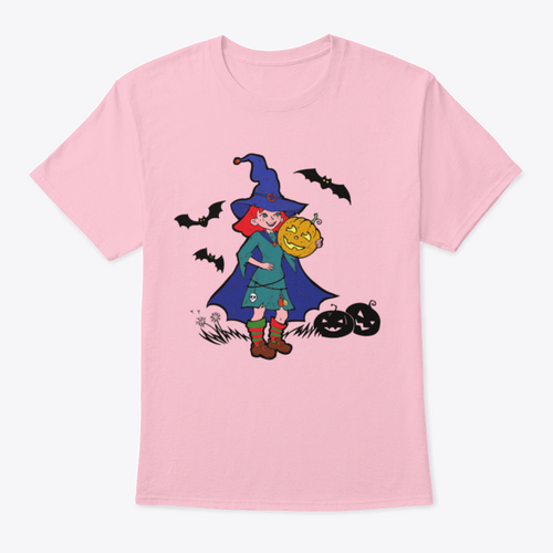 Little Witch With Bats And Pumpkins, Cartoon Vector Illustration