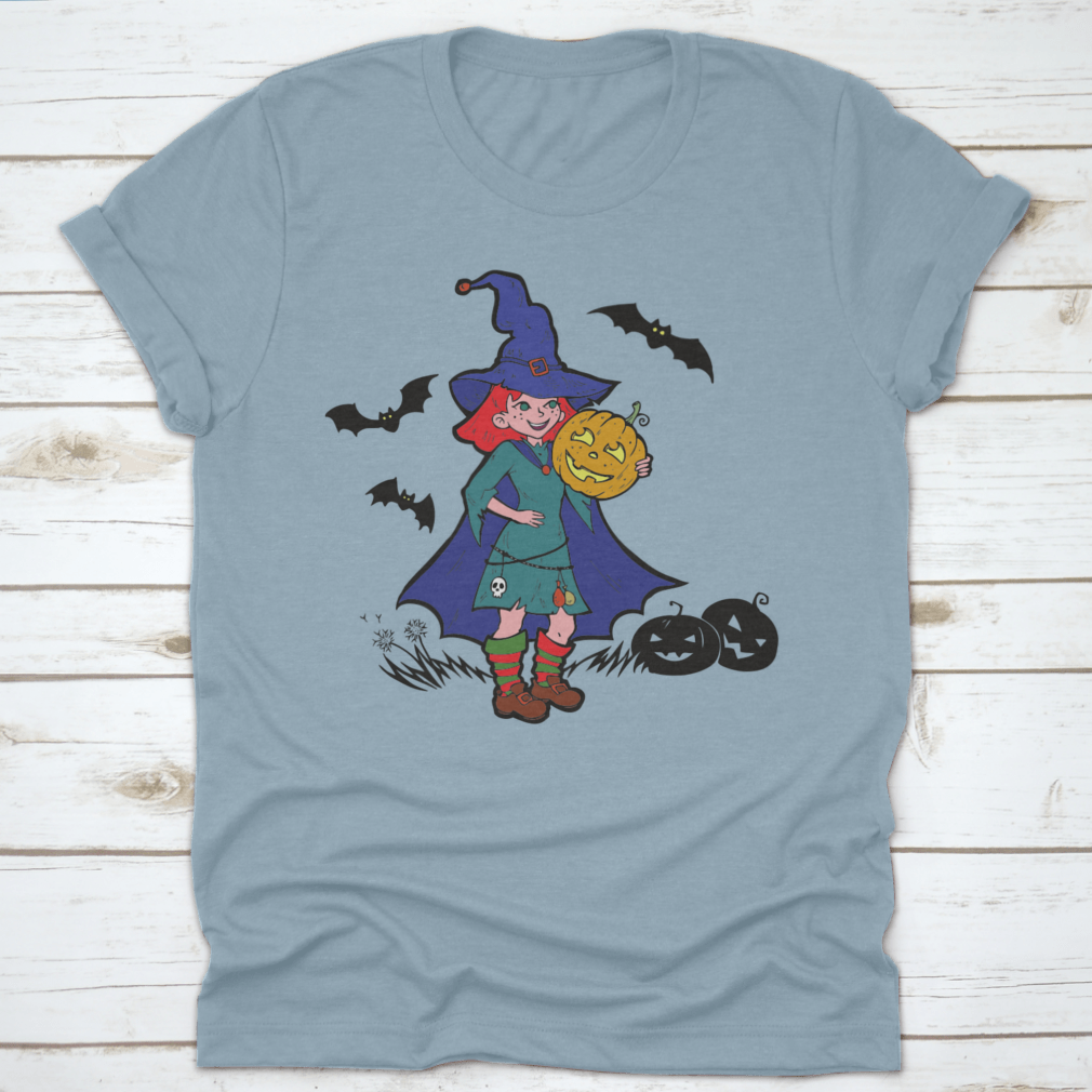 Little Witch With Bats And Pumpkins, Cartoon Vector Illustration