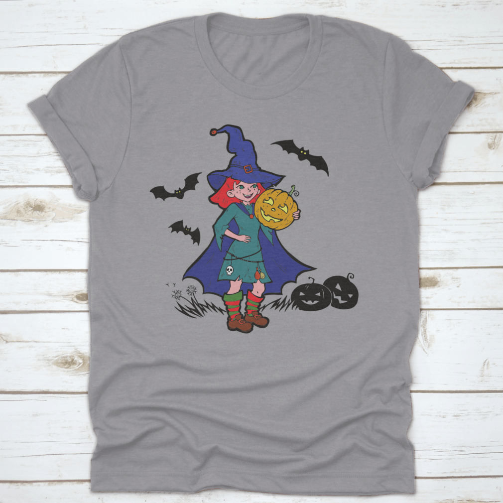 Little Witch With Bats And Pumpkins, Cartoon Vector Illustration