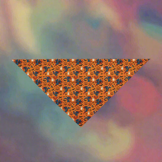 Halloween-themed triangle bandana with pumpkins and ghosts on an orange background