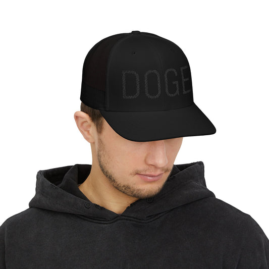 Black-on-Black DOGE Snapback Hat – Elon Style Trucker Cap | Funny Gift for Crypto Fans