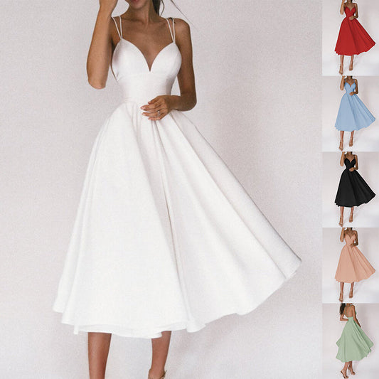 Sexy V-neck Suspender Dress Summer Fashion A-Line Long Dresses For