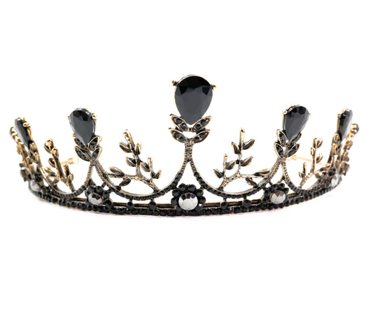 Midnight Blossom Tiara Crown in Gold with Black Gems | Royalty Crown