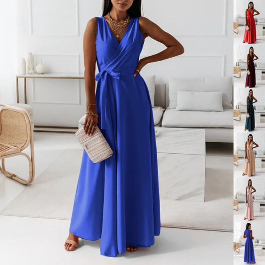 V-neck Sleeveless Dress With Belt Summer Fashion Party Club Evening