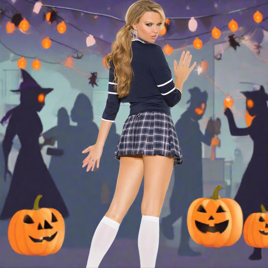 Person wearing a schoolgirl costume with a navy top, plaid skirt, white stockings, and black high heels on a white background.