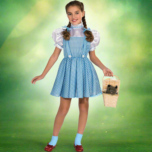 Child wearing a blue checkered dress with white blouse and red shoes, holding a basket.