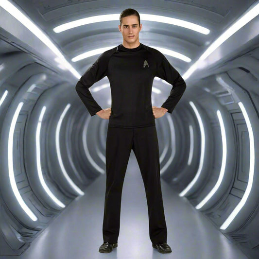 Person wearing a black long-sleeve shirt with a logo on a white background