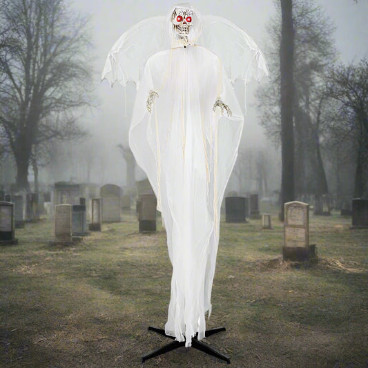 Halloween decoration of a ghost with a black stand on a white background