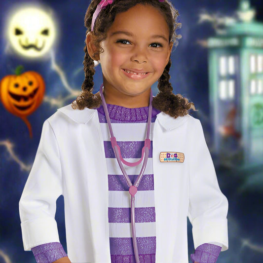Child wearing a doctor's outfit with a lab coat, pink shoes, and a stethoscope.