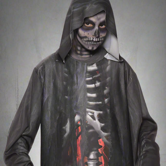 Halloween costume with skeleton design and red accents on a white background