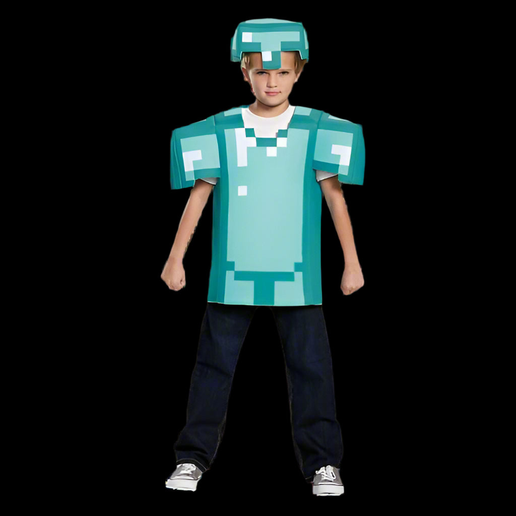 Child wearing a Minecraft-themed costume with a turquoise outfit and helmet on a white background