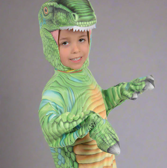 Child wearing a green dinosaur costume on a white background