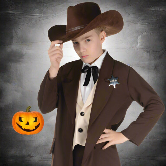Child wearing a brown cowboy costume with a hat, vest, and coat on a white background