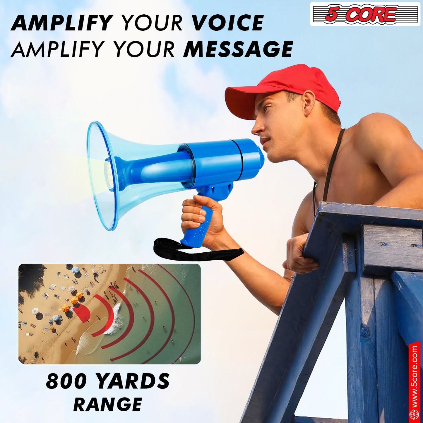 5Core Megaphone Bullhorn Speaker w Siren LED Light Adjustable Volume