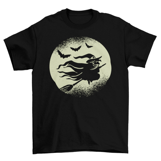 Witch Flying Broom Bats Silhouette Full Moon Backdrop Halloween
