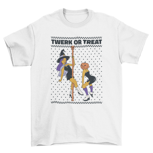 Witch pole dancer and pumpkin hat w/ quote "Twerk or treat" t-shirt
