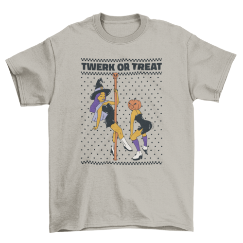 Witch pole dancer and pumpkin hat w/ quote "Twerk or treat" t-shirt