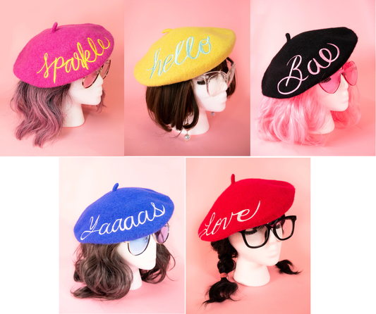 Embroidered Berets in 5 Fun Colors and Sayings | Wool and Nylon