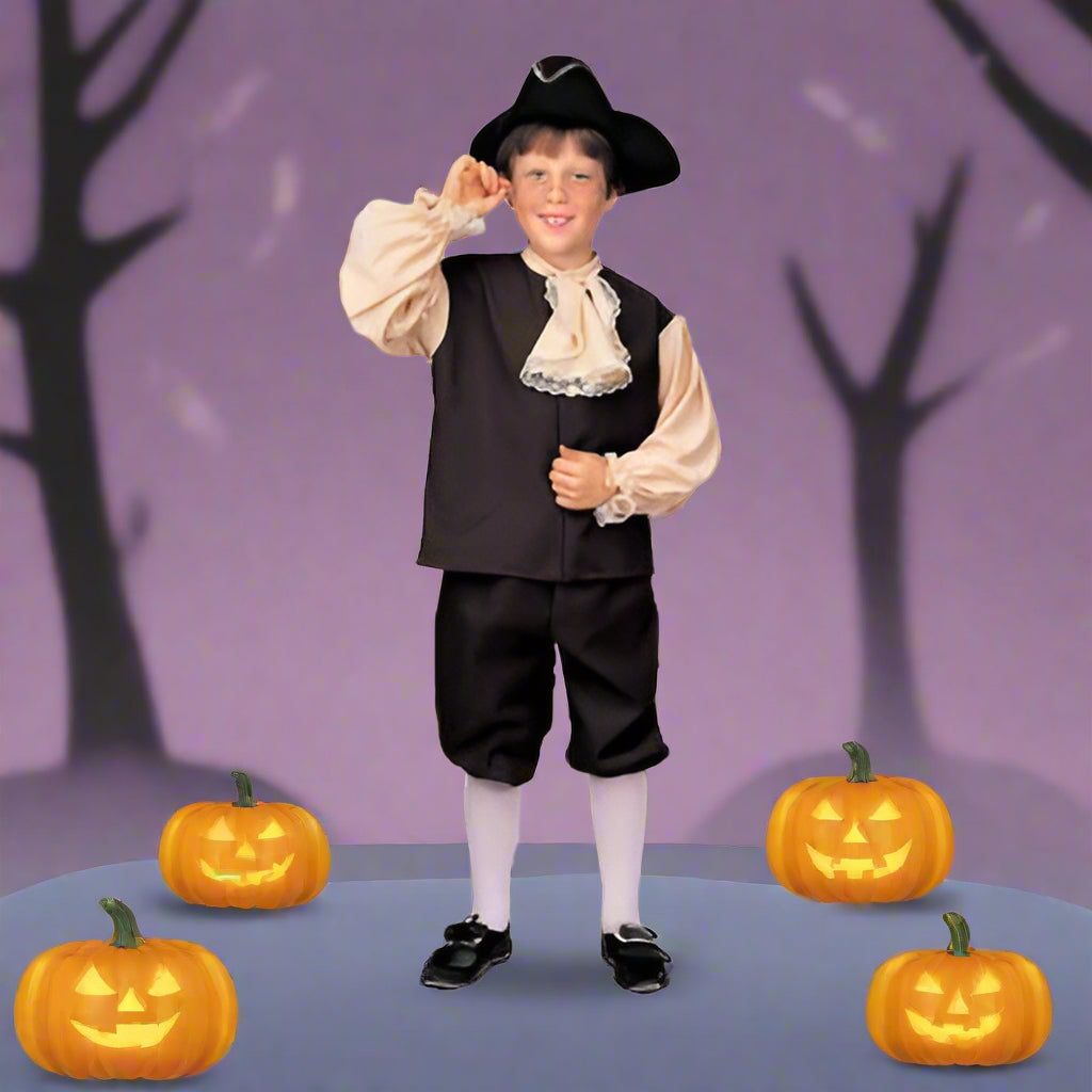 Child wearing a colonial costume with a vest, pants, and hat on a white background