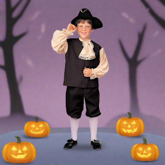 Child wearing a colonial costume with a vest, pants, and hat on a white background