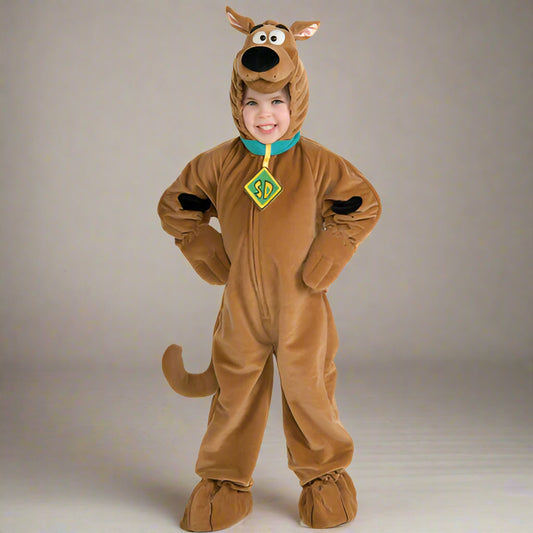 Child wearing a brown cartoon character costume on a white background