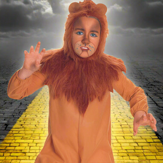 Child wearing a lion costume with a white background