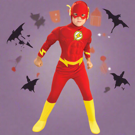 Child wearing a red superhero costume with yellow accents on a white background