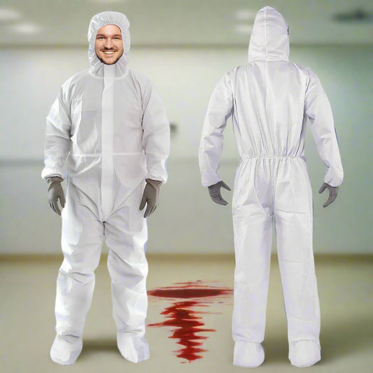Person wearing a white protective suit with a hood, front and back views on a white background.