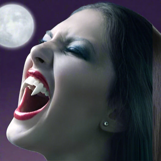 Vampire tooth earrings with size measurements and examples of wear on a person.