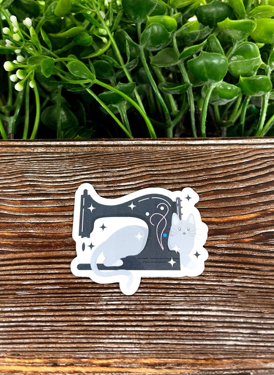 Gray Cat and Black Sewing Machine, Die Cut Vinyl Sticker, , Boho Fun,