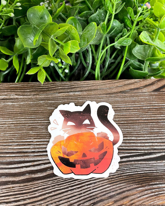Halloween Black Kitty w/ Jack O Lantern Pumpkin, Die Cut Vinyl