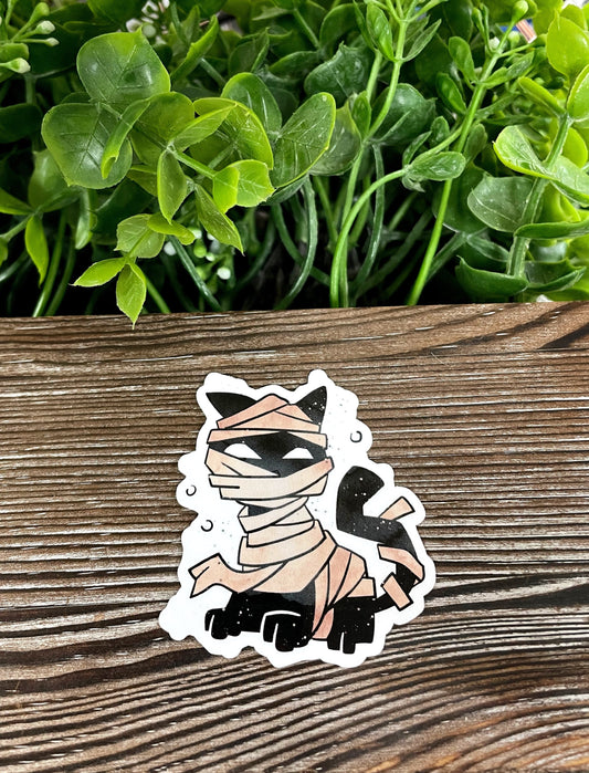 Black Cat in Mummy Costume, Die Cut Vinyl Sticker, Boho Fun, Water