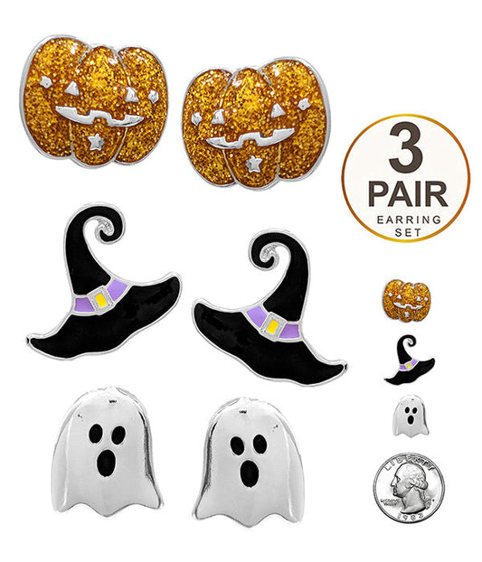 Halloween Earring Set – 3 Pairs (Pumpkins, Ghosts & Witch Hats)