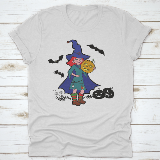 Little Witch With Bats And Pumpkins, Cartoon Vector Illustration