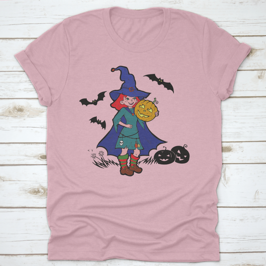 Little Witch With Bats And Pumpkins, Cartoon Vector Illustration